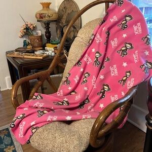 Vintage Y2K Kidcore Pink Bobby Jack Fleece Throw Blanket w Monkey Pattern